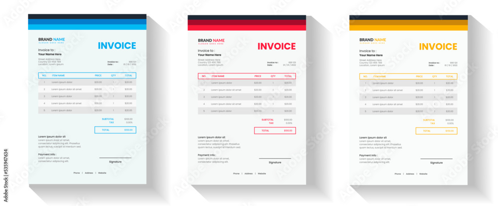 modern invoice Template in 4 different color for your corporate business