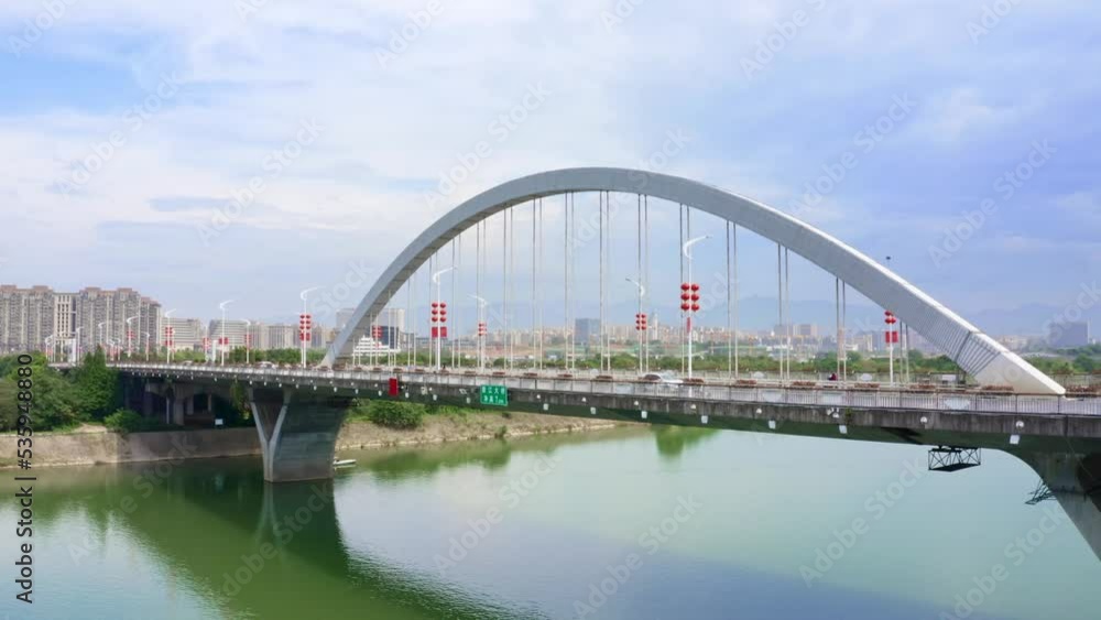 aerial view of bridge over river in cloud sky aerial view of bridge over river in cloud sky