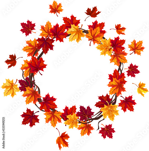 Autumn maple leaf wreath with red, orange, and yellow maple leaves. Greeting or invitation card design. Vector circle frame