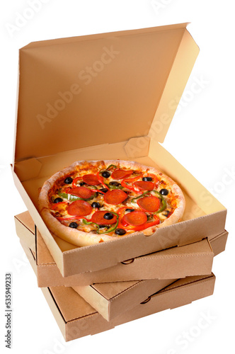 Pizza box stack pepperoni inside open top photo isolated transparent background PNG file photo