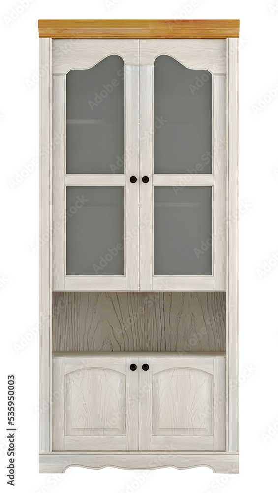 Vintage white wooden and glass empty cupboard mockup. Png