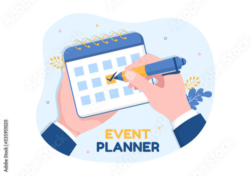 Event Planner Template Hand Drawn Cartoon Flat Illustration with Planning Schedule, Time Management, Business Agenda and Calendar Concept