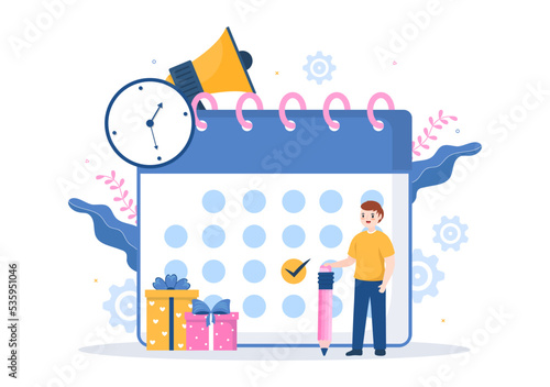 Event Planner Template Hand Drawn Cartoon Flat Illustration with Planning Schedule, Time Management, Business Agenda and Calendar Concept