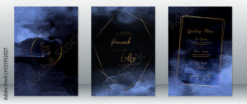 Wedding invitation card luxury design template with gold frame and dark navy background