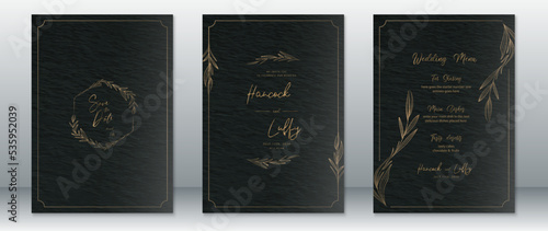 Wedding invitation card template luxury design with gold leaf wreath frame and black paper texture background