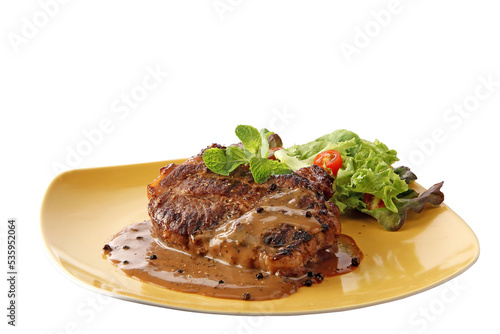 Closeup Black Pepper Steak with the black pepper sauce in the plate. Foods concept. (Transparent PNG File)