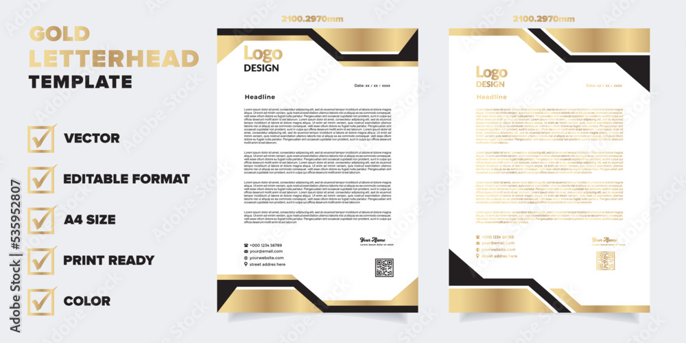 gold letterhead template for business company stationery design with A4 sheet vector format and