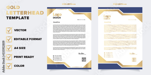 gold letterhead template for business company stationery design with A4 sheet vector format and editable layout in luxury color