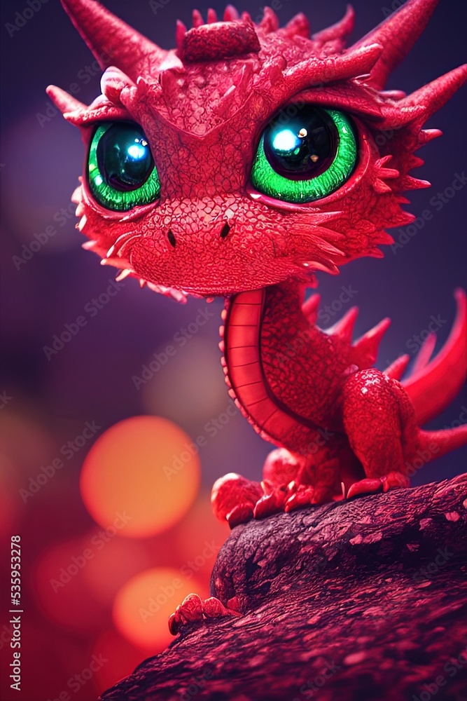 3D rendered computer generated image of an adorable kawaii baby dragon. Modern animation style with cute dragon look. Photorealistic fantasy background and reptile scale texture