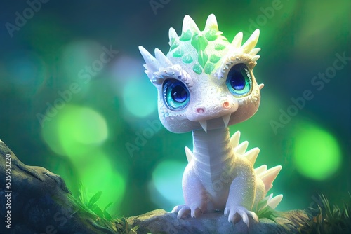 3D rendered computer generated image of an adorable kawaii baby dragon. Modern animation style with cute dragon look. Photorealistic fantasy background and reptile scale texture © Brian