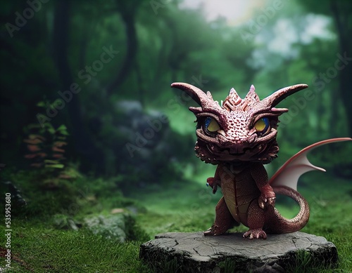 3D rendered computer generated image of an adorable kawaii baby dragon. Modern animation style with cute dragon look. Photorealistic fantasy background and reptile scale texture © Brian