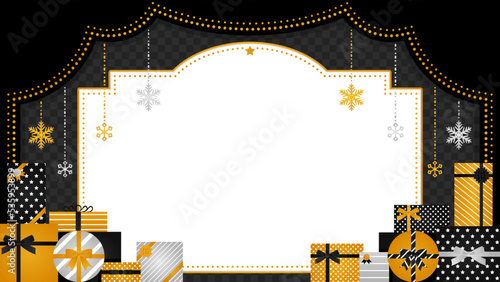 昔の劇場風フレーム・背景素材　山積みのプレゼント＆雪のオーナメント／黒（横向き16:9）