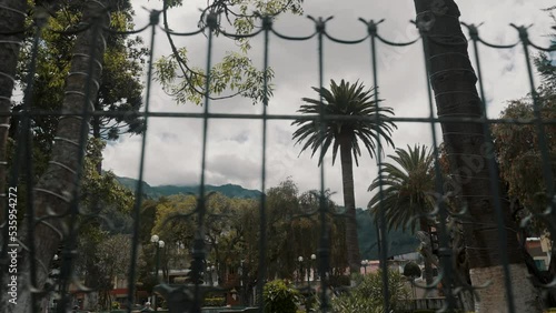 Landscaped Garden In The City Square Of Baños de Agua Santa In Tungurahua, Ecuador. low angle, sideways