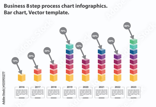 Business 8 step process chart infographics.
Bar chart, Vector template.
