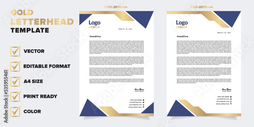 gold letterhead template for business company stationery design with A4 sheet vector format and editable layout in luxury color