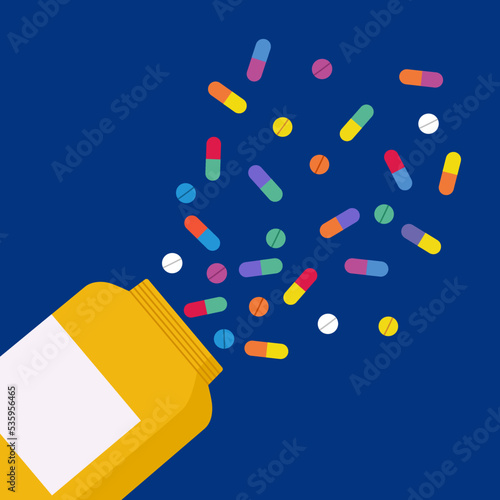 Medicine bottle with pill tablets and capsules in flat design. 