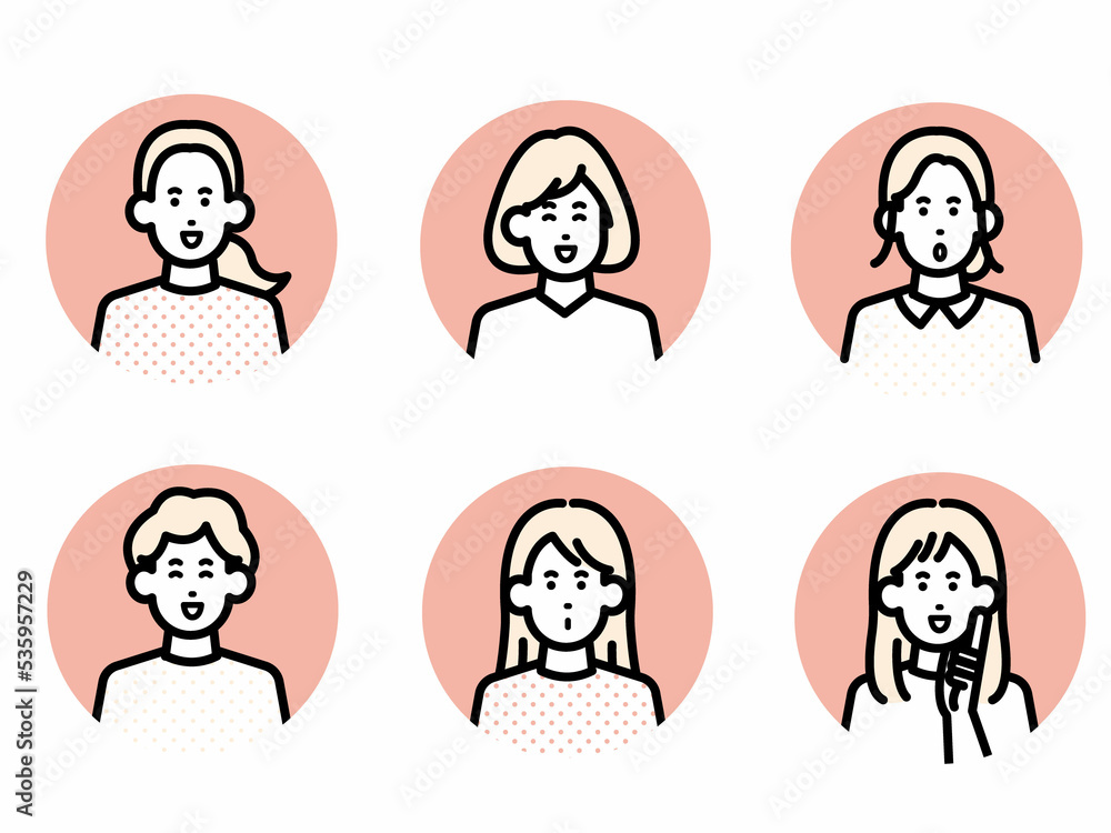 女性のアイコンセット ポジティブな表情 女性のアイコンセット ポジティブな表情