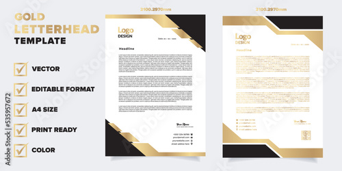 gold letterhead template for business company stationery design with A4 sheet vector format and editable layout in luxury color
