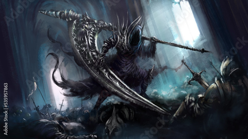 A reaper with a huge scythe with patterns stands over the fallen warriors in the castle, he has a spiked pauldron pauldron. Digital drawing style, 2D illustration.