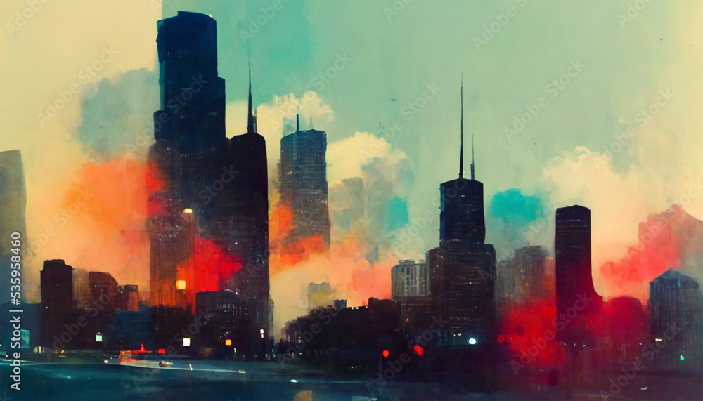 Chicago cityscape buildings street beautiful evening sky view