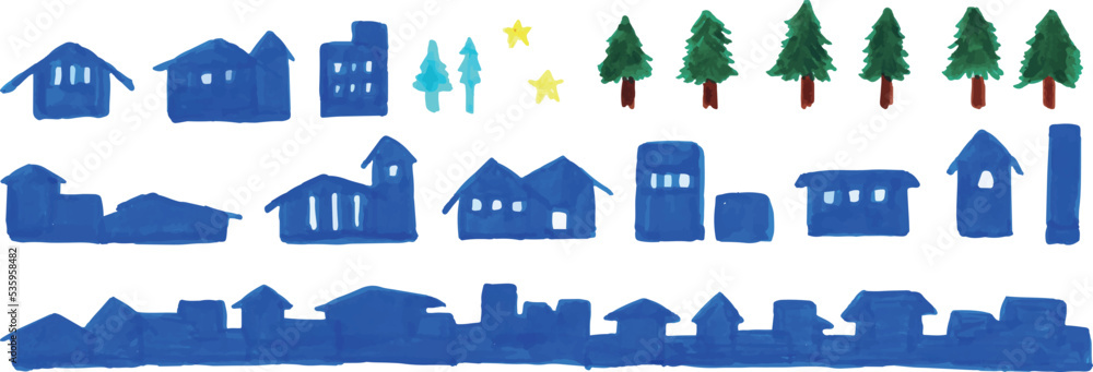 手描きのクリスマスツリーと夜の街並みイラスト。Hand-drawn Christmas tree and night cityscape illustration