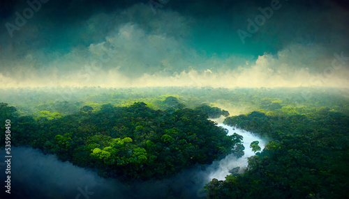 Amazon river rain forest trees from avobe the sky