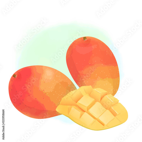 Watercolor style illustration, 2 whole mangoes and one halved mango