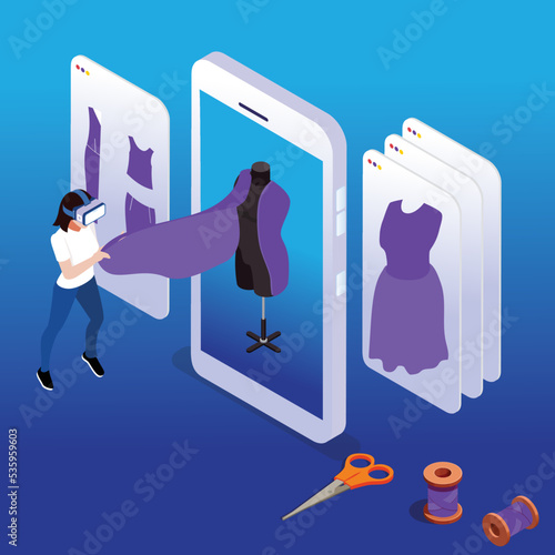 Metaverse fashion designer in virtual reality 3d isometric vector illustration concept for banner, website, landing page, ads, flyer template