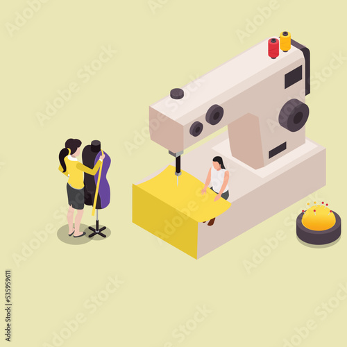 Dressmaker or Seamstress Work with Sewing Machine and Mannequin 3d isometric vector illustration concept for banner, website, landing page, ads, flyer template