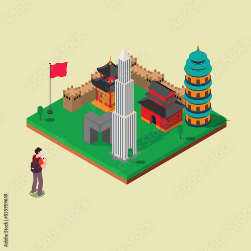 China travel landmarks tourism 3d isometric vector illustration concept for banner, website, landing page, ads, flyer template