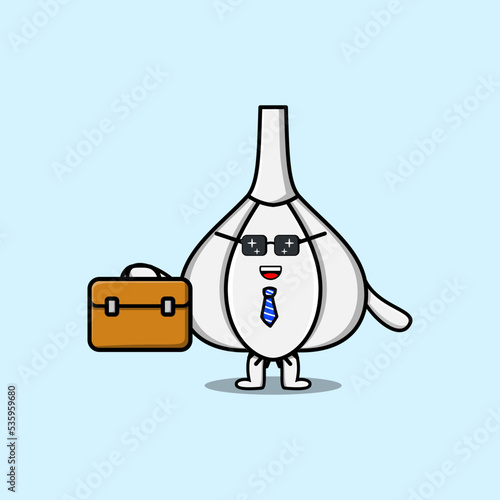 Cute cartoon Garlic businessman character holding suitcase illustration