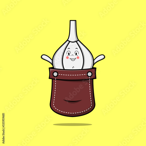 Cute cartoon Garlic character coming out from pocket look so happy  