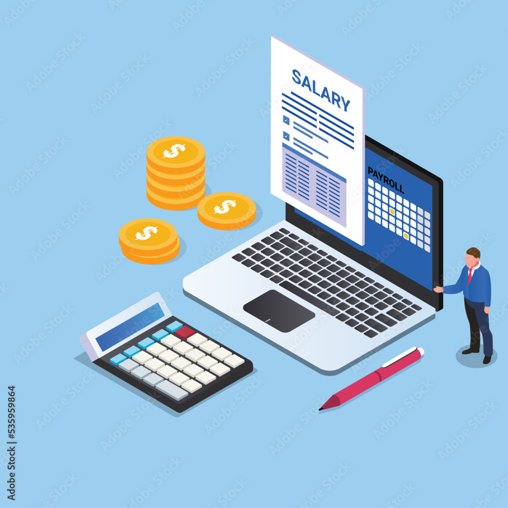 Business manager with Salary and payroll on laptop 3d isometric vector illustration concept for banner, website, landing page, ads, flyer template Business manager with Salary and payroll on laptop 3d isometric vector illustration concept for banner, website, landing page, ads, flyer template
