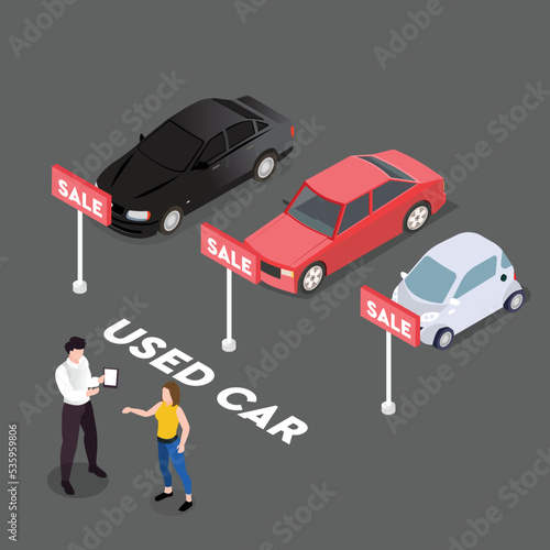 Used car sales person and customer 3d isometric vector illustration concept for banner, website, landing page, ads, flyer template