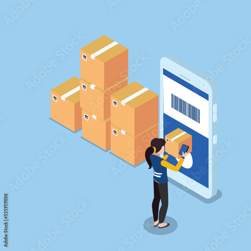 Woman holding a box and scanning barcode on a mobile phone 3d isometric vector illustration concept for banner, website, landing page, ads, flyer template