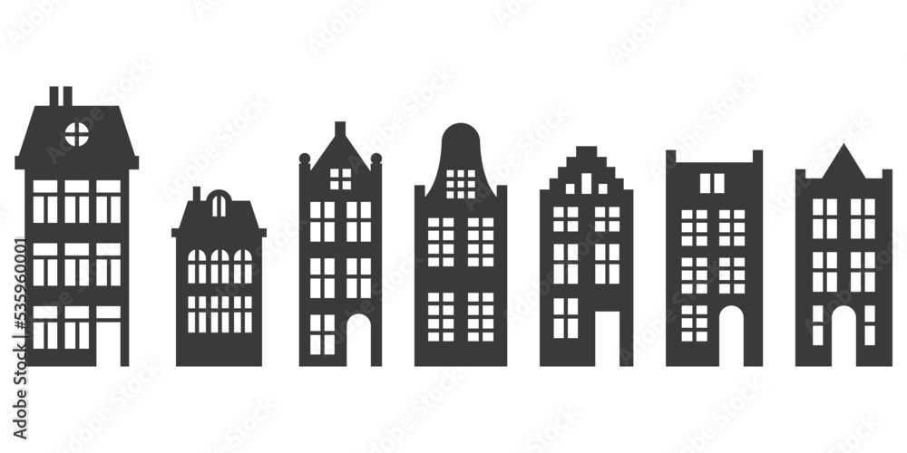 Dutch houses silhouettes set. Vintage laser cut facades of european buildings. Old stiled architecture of Holland and Amsterdam. Vector glyph illustration.