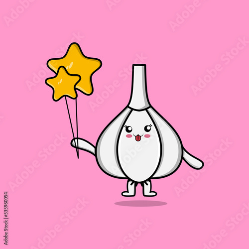Cute cartoon Garlic floating with star balloon cartoon vector illustration 