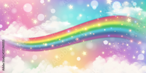 Holographic fantasy rainbow unicorn background. Pastel color sky. Magical landscape, abstract fabulous pattern. Cute candy wallpaper. Vector.