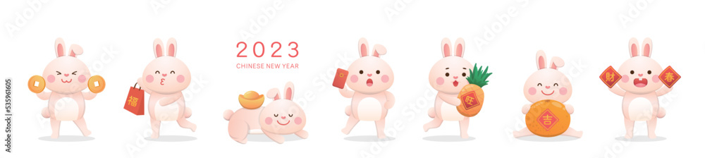 Cute white bunny baby characters or mascots in various poses, Chinese ...