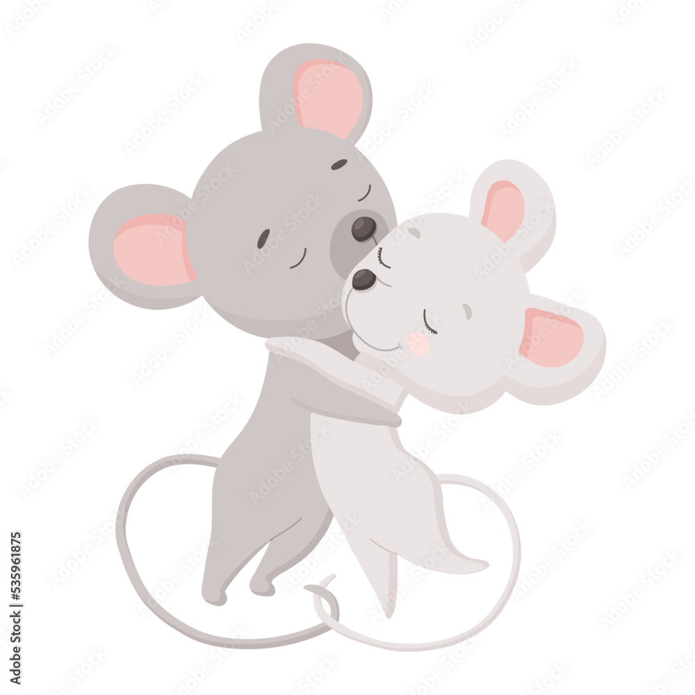 Two little mice kissing and hugging. Cute family in love. Vector flat illustration isolated on white background Two little mice kissing and hugging. Cute family in love. Vector flat illustration isolated on white background