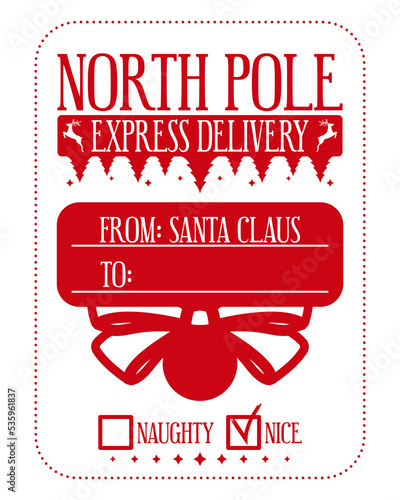 North pole express delivery. Xmas design for a personalized gift bag from Santa Claus. Template for christmas handmade gifts. Vector illustration.
