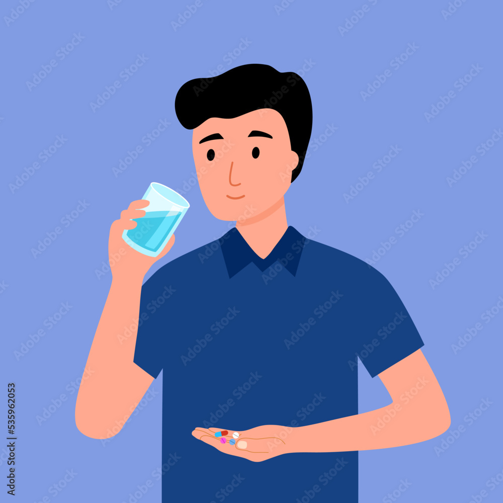 Man taking medicine for illness treatment. Guy take vitamin or supplement capsule pill with water.