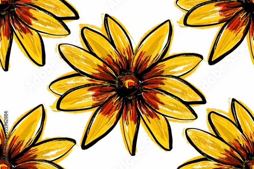 Seamless Background. Beautiful large yellow rudbeckia or daisy flowers on a white background. Sunflowers pattern.