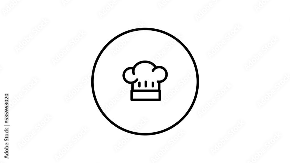 Chef hat icon in circle black outline, button line icon vector illustration, hat, cook, cuisine, icon sing and symbols, video animation, self drawing. Chef hat icon in circle black outline, button line icon vector illustration, hat, cook, cuisine, icon sing and symbols, video animation, self drawing.