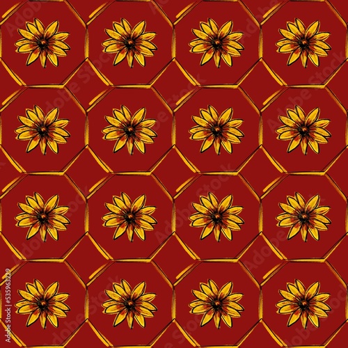 Seamless pattern. Beautiful yellow large rudbeckia or daisy flowers on a red background. Sunflowers, honeycomb wallpaper.