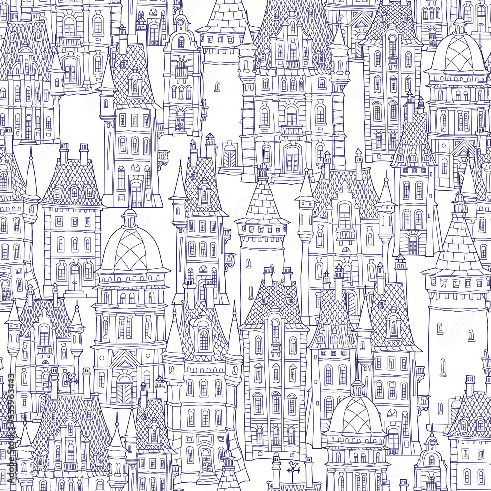 chateau seaSeamless pattern, Fairy tale castle, old medieval town houses. Coloring book page for adults and childrenmless 600x600_02 blue cont