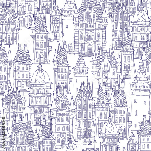 chateau seaSeamless pattern, Fairy tale castle, old medieval town houses. Coloring book page for adults and childrenmless 600x600_02 blue cont