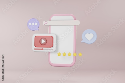 3D video vlog cannel steaming online on application.Pink mobliephone on pink background. photo