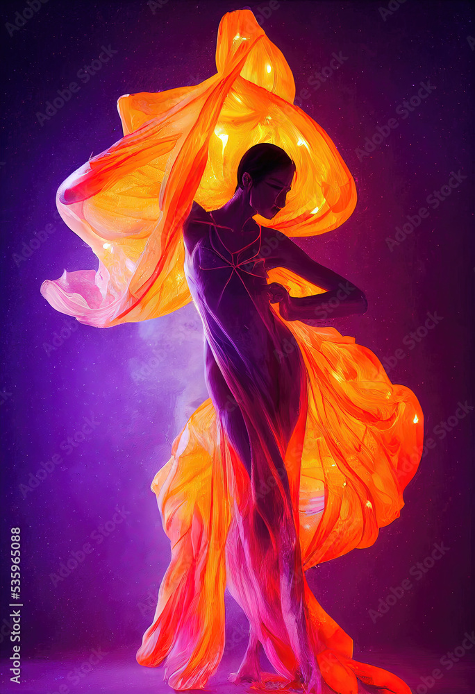 Obraz premium Woman in waving dress as a flame dancing with flying fabric
