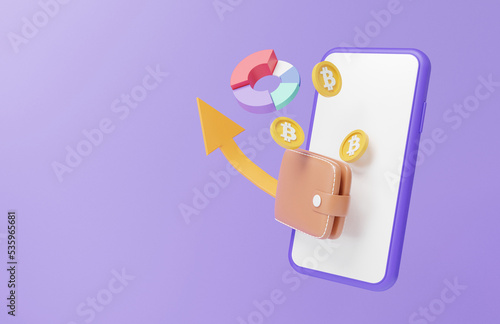 Fototapeta Naklejka Na Ścianę i Meble -  Digital wallet cryptocurrency trading btc or bitcoin buy, sell, with mobile phone financial business investing. growth statistics trader concept. banner, crypto exchange, cartoon minimal. 3d rendering